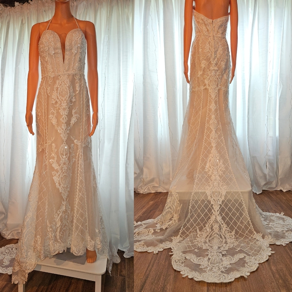 Oleg Cassini Strapless Plunging Sweetheart Lace Mermaid Wedding Gown CWG878